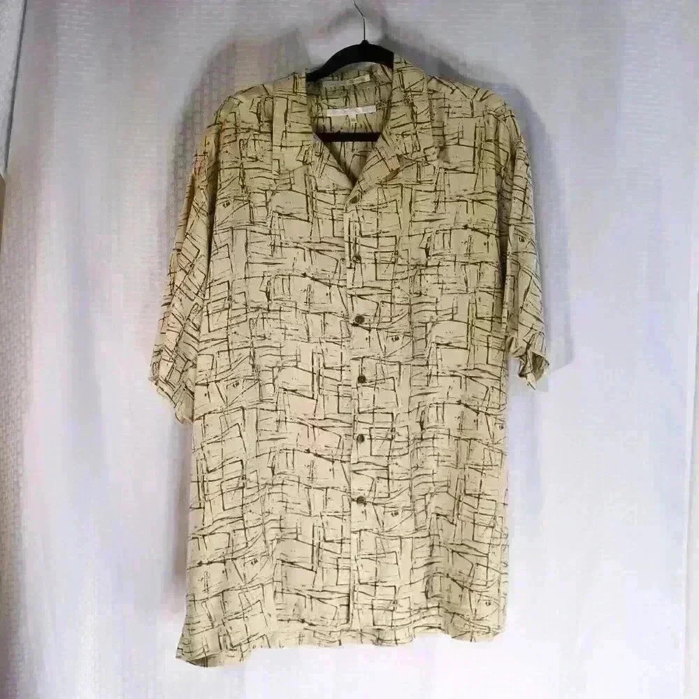 Perry Ellis Size XXL Tan/Brown 100% Silk button down